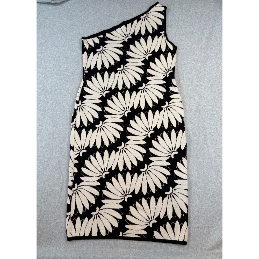 Farm Rio XL One Shoulder Dress Tropical Banana Leaf Knit Midi Black Cream